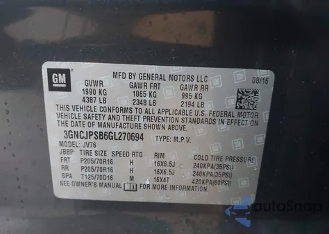 2016 Chevrolet Trax Lt из США, поврежденный, VIN 3GNCJPSB6GL270694